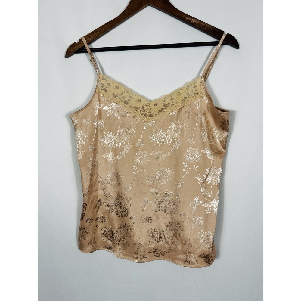 Y2K Camisole Tank Top Champagne Satin Lace Trim Size S Romantic Goddess Fairy